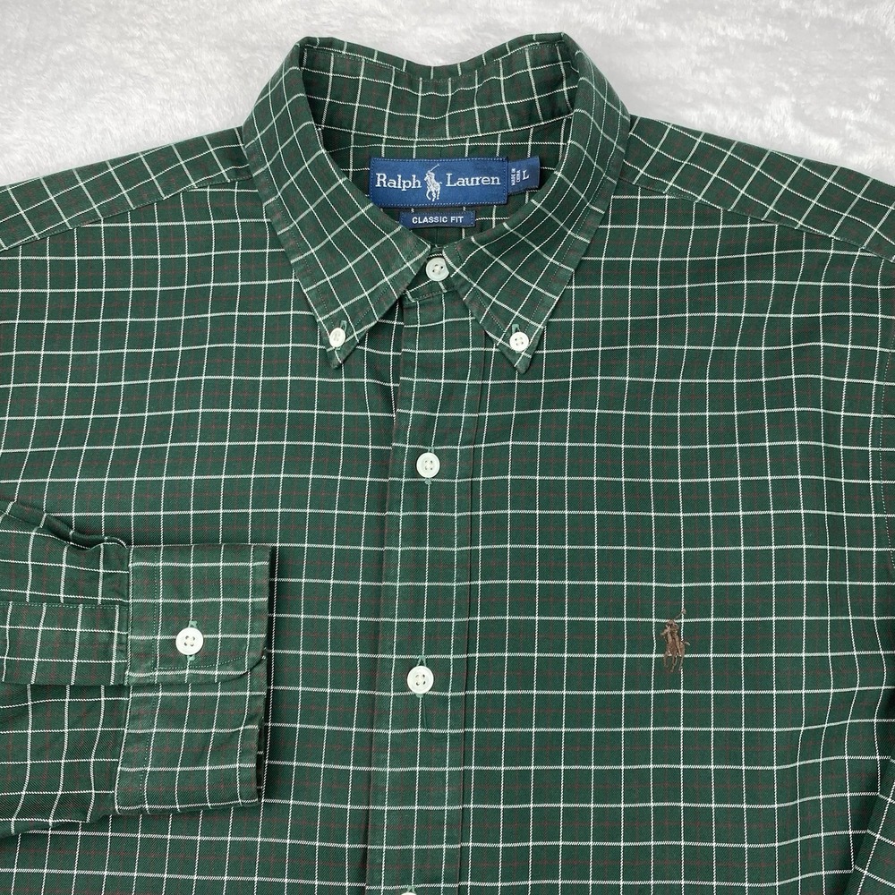 Ralph Lauren Mens Shirt Large Green w/Brown-White Checks Long Sleeves‎